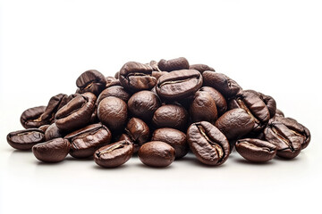 Naklejka premium pile of roasted coffee beans on white background, symbolizing freshness, aroma, and high-quality coffee