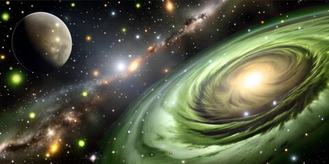 A vibrant cosmic scene showcasing a swirling green galaxy, a distant spiral galaxy, and a celestial body in the foreground.
