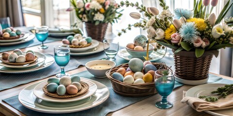 Naklejka premium A beautifully set Easter brunch table with pastel-colored eggs and vibrant floral arrangements, creating a cheerful atmosphere.