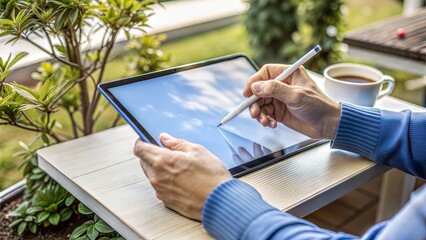 A young Asian man using a tablet with a stylus, enjoying coffee on a sunny terrace surrounded by greenery.