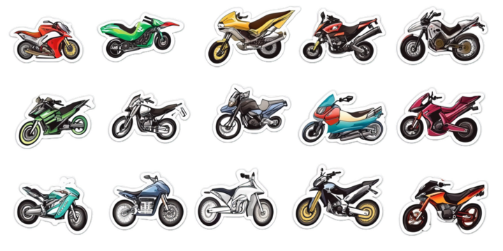 Collection of motorcycle stickers with transparent background showcasing various models and colors