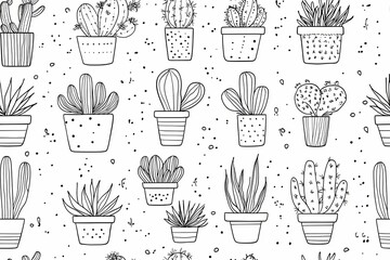 Cacti and succulents, simple doodle seamless pattern.