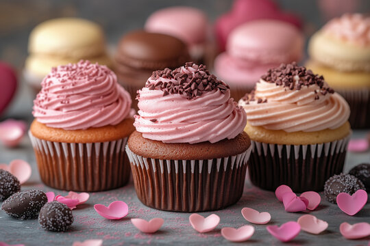 Decorative cupcakes with pink frosting and chocolate sprinkles arranged on a table with heart-shaped decorations