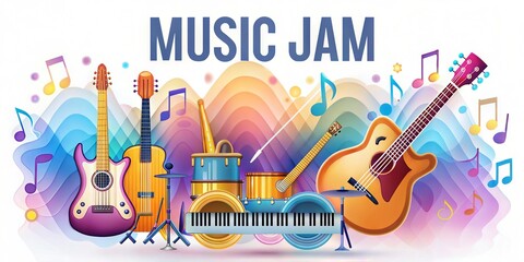 A vibrant illustration showcasing various musical instruments, perfect for a music jam theme.