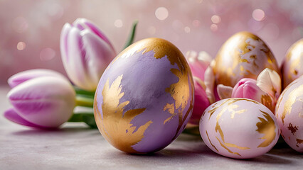 The concept of a bright Easter holiday. Delicate Easter eggs in pink, gold and purple tones and...