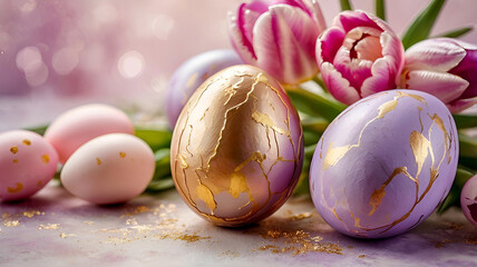 The concept of a bright Easter holiday. Delicate Easter eggs in pink, gold and purple tones and...