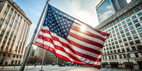 A majestic American flag flutters in the urban landscape, symbolizing patriotism and freedom.