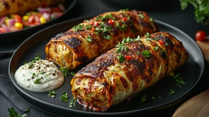 Two baked cabbage rolls garnished with herbs and served with a creamy dip on a black plate.