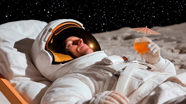 Futuristic concept of space holiday with astronaut sipping tropical cocktail on moon. Blending sci-fi adventure with leisure, inviting imagination beyond earthly limits.