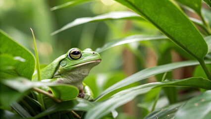 A vibrant green frog is nestled among lush tropical leaves, its bright eyes gazing forward, blending seamlessly into the verdant surroundings. Sunlight softly filters through the foliage.AI