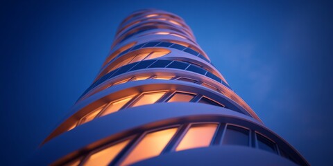 Modern skyscraper with winding architecture against a dusk blue sky
