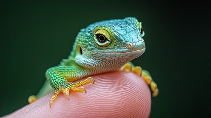 Fototapeta premium Green lizard on the finger, high-resolution stock photography, high-definition realistic photography, highly detailed 