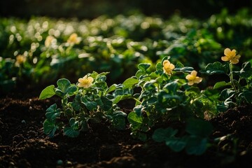 potato plant flowers in bloom, with the lush green foliage and the dark soil in the backdrop of a rustic farm