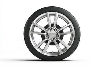 Fototapeta premium Shiny metallic wheel rim on white background. AI generated
