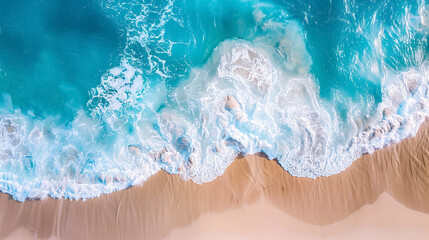 Top view of beach and waves with turquoise water background, showcasing a summer seascape from the air. Ideal for travel concepts.