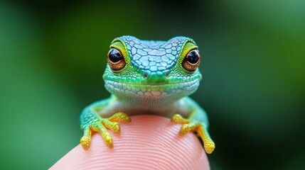 Naklejka premium Green lizard on the finger, high-resolution stock photography, high-definition realistic photography, highly detailed 