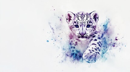 Fototapeta premium Watercolor snow leopard cub, playful leap, splash background, nature scene, artistic, children's book cover, digital art