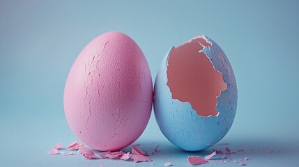 Vibrantly colored pink and blue Easter eggs sit together, with the blue egg cracked open, revealing a hint of the interior. Shattered shell pieces surround them on a gentle blue surface