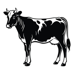 A clean black silhouette of a Jersey Cow Standing Side View isolated on a white background.