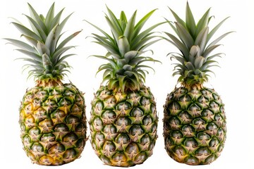 Three pineapples aligned on white background. AI generated