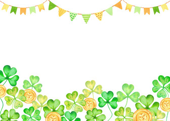 Clover petals with golden coins and garland for Patrick's Day. Horizontal frame. Watercolor illustrations. Hand drawn isolated art. Background with space for text. Sketch of luck, profit, success