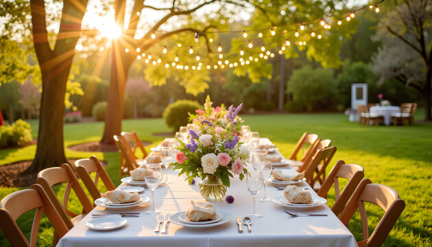 Elegant outdoor garden party table setup at golden hour, spring celebration