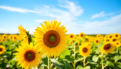 Fototapeta premium Vibrant sunflowers dancing in a field under blue sky, summer beauty