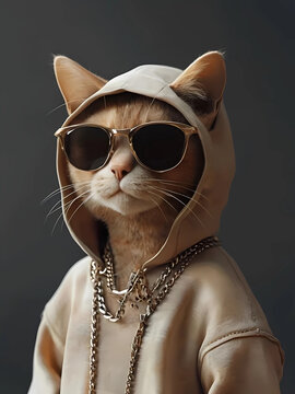 A very trendy cat wearing a hip hop pastel cat hooded T-shirt and sunglasses with a hip hop chain necklace around its neck fashionable model seriously achromatic color black rapper