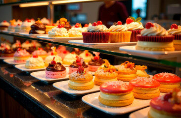 Fototapeta premium Close-up photograph of a pastry display filled with delicious desserts and sweets. Perfect for bakery, cafe, and food marketing. High-quality image capturing textures.