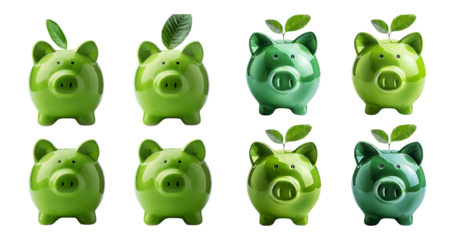 Collection of Green Piggy Banks with Leaves for Savings Concept, isolated on transparent background