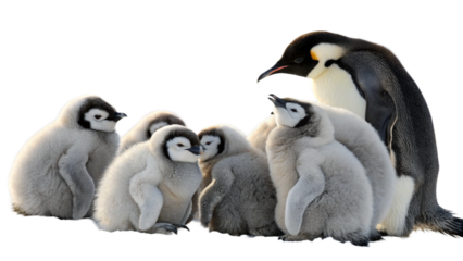 A group of penguins huddled together on a white background, naturally lit
