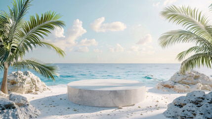 Beach podium background for summer product display, featuring a sandy scene with sea cosmetics. The podium presents a nature-themed backdrop with blue skies, stones, palms