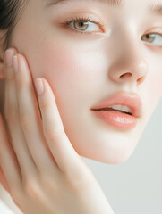 Fototapeta premium 綺麗な若い白人女性モデルが頬に手を当てるポーズをしている美容ショット。縦型のインスタグラム投稿イメージ。