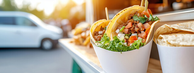 Gourmet tacos served in vibrant food truck, showcasing fresh ingredients and colorful toppings. urban setting adds to lively atmosphere, perfect for food lovers