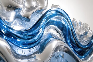 dynamic abstract composition of flowing liquid forms in electric blue and silver creating sense of...