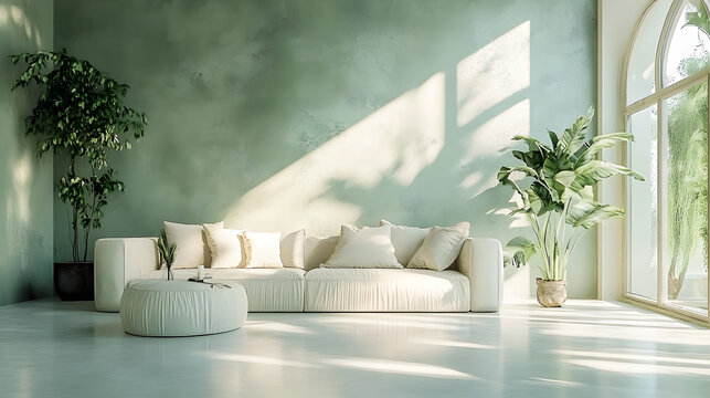 The luxury style living room is a bright and spacious space. It comes with a stylish set of furniture. The walls are covered with light green micro-cement.