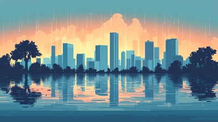 Fototapeta premium A vibrant city skyline reflected in calm waters during twilight, showcasing modern skyscrapers and lush greenery.