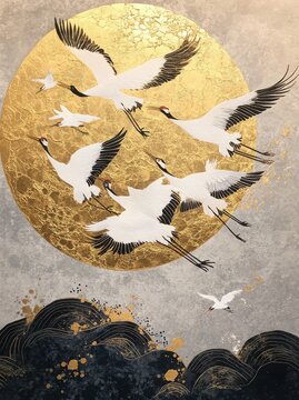 Cranes Flying In Front of a Moon of Gold Foil 