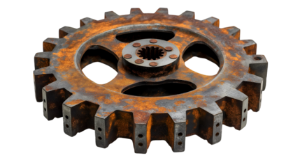 Rustic Gear Wheel Industrial Cog Design, Rusty Brown Iron for Retro and Grunge Themes, isolated on transparent background.