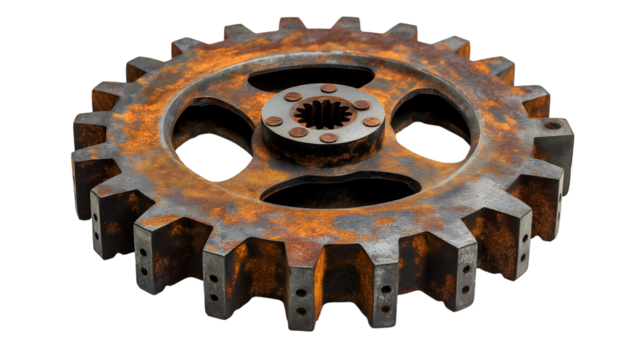 Rustic Gear Wheel Industrial Cog Design, Rusty Brown Iron for Retro and Grunge Themes, isolated on transparent background. - Powered by Adobe