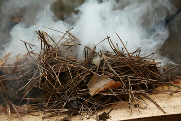 Smoldering pine needles, dry leaves are generating smoke, posing a significant fire risk, resting precariously on a wooden surface. The importance of fire prevention. Hearth of fire, forest disaster