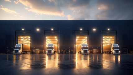 Trucks stand in front of a warehouse terminal. Logistics concept, cargo transportation, transport services and international deliveries.