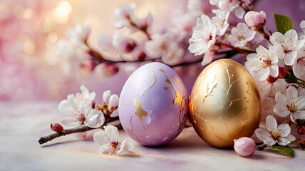 Obraz premium The concept of a bright Easter holiday. Delicate Easter eggs and cherry blossom branches on a pastel watercolor background with delicate streaks.