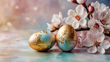 Obraz premium The concept of a bright Easter holiday. Delicate Easter eggs and cherry blossom branches on a pastel watercolor background with delicate streaks.
