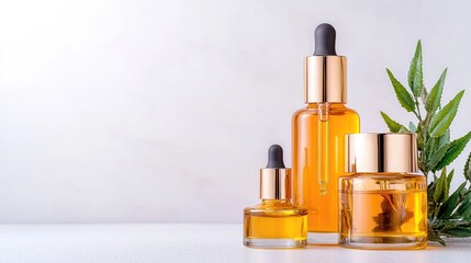 Amber Glass Bottles with Droppers and Herbs on Marble Surface