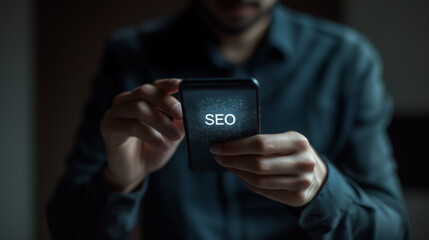 SEO search engine optimization concept. Businessman use smartphone with search bar on virtual screen. exploring SEO and search engine optimization to improve marketing and website ranking
