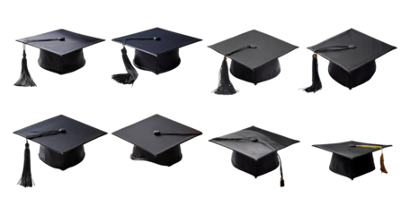 Various Black Graduation Caps with Tassels on a White Background, isolated on transparent background