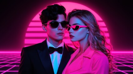 A man in a suit and bow tie stands beside a woman in a trench coat, both wearing sunglasses, under a neon circle.