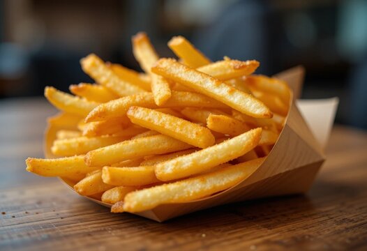Delicious French fries, crispy and golden, served in a paper envelope