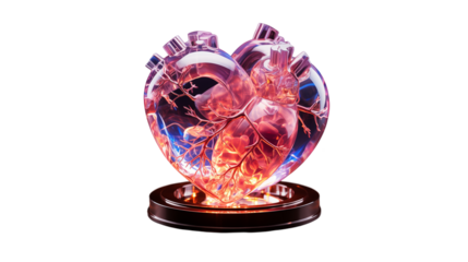 Glass Heart Sculpture Glowing Anatomical Art, 3D Design for Romantic Themes, isolated on transparent background.